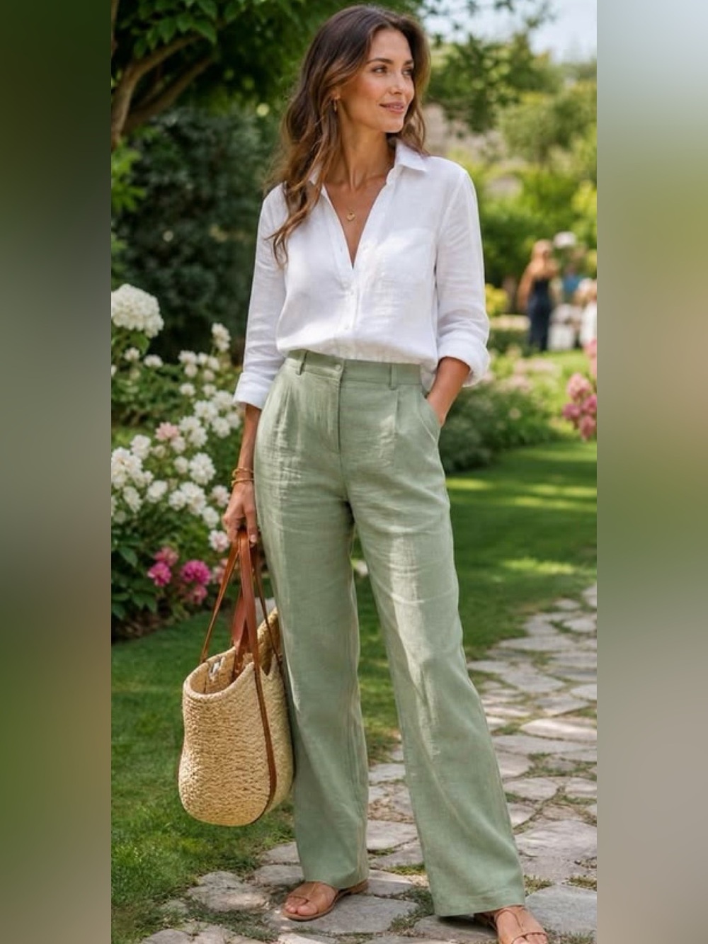 Abercrombie & Fitch Linen Blend Wide-Leg Pants in Sage